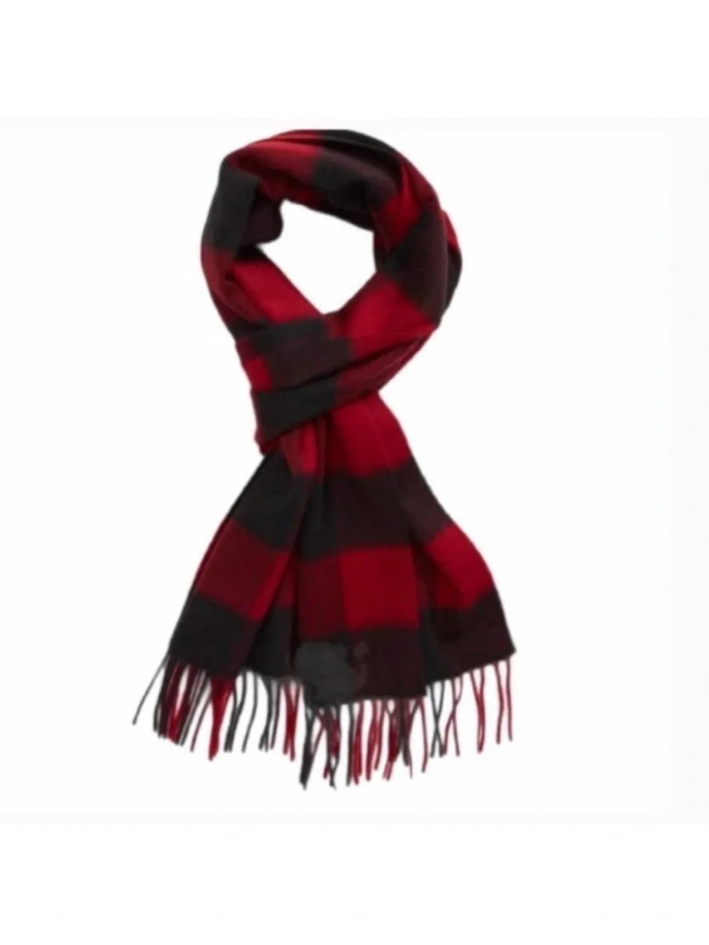 100% Cashmere Men's Red and Black Plaid Fringe Scarf